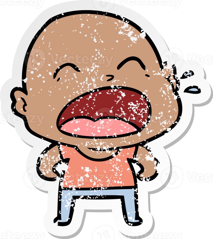 distressed sticker of a cartoon shouting bald man png