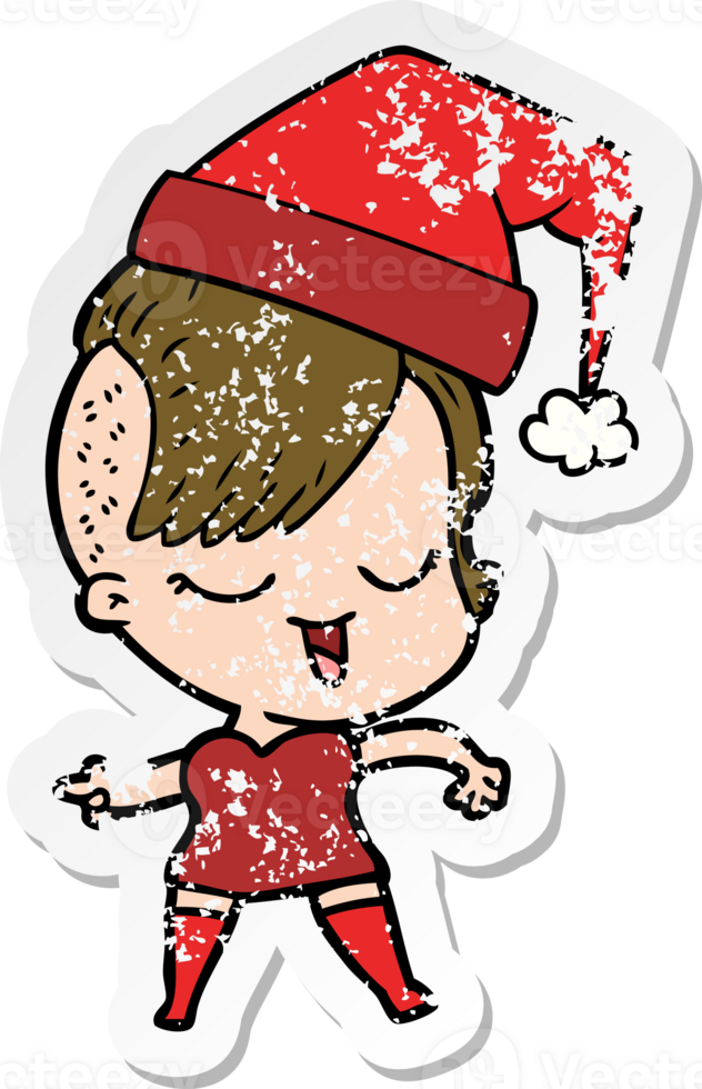 distressed sticker of a happy cartoon girl wearing xmas hat png