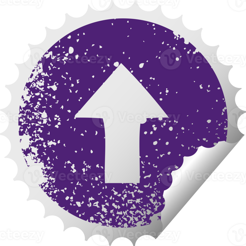 distressed circular peeling sticker symbol of a pointing arrow png