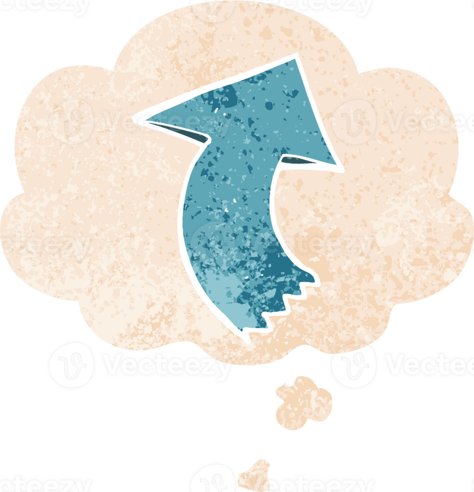 cartoon pointing arrow with thought bubble in grunge distressed retro textured style png