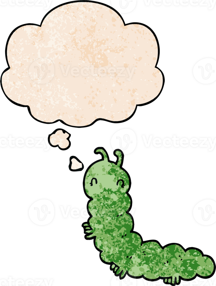 cartoon caterpillar with thought bubble in grunge texture style png