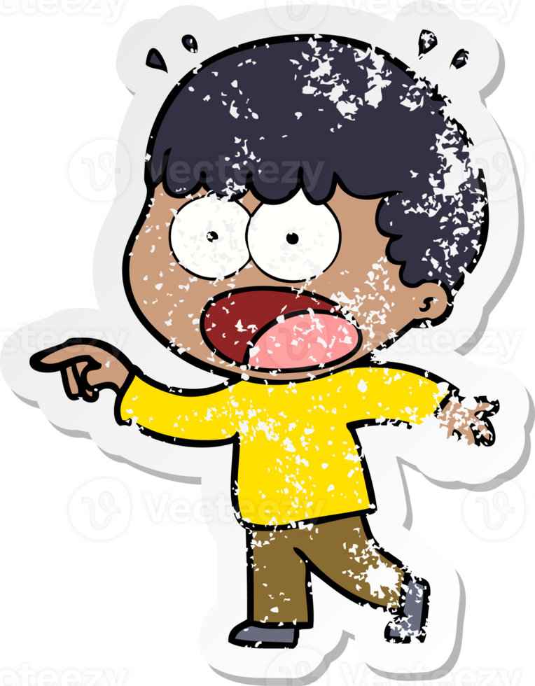 distressed sticker of a cartoon shocked man pointing png