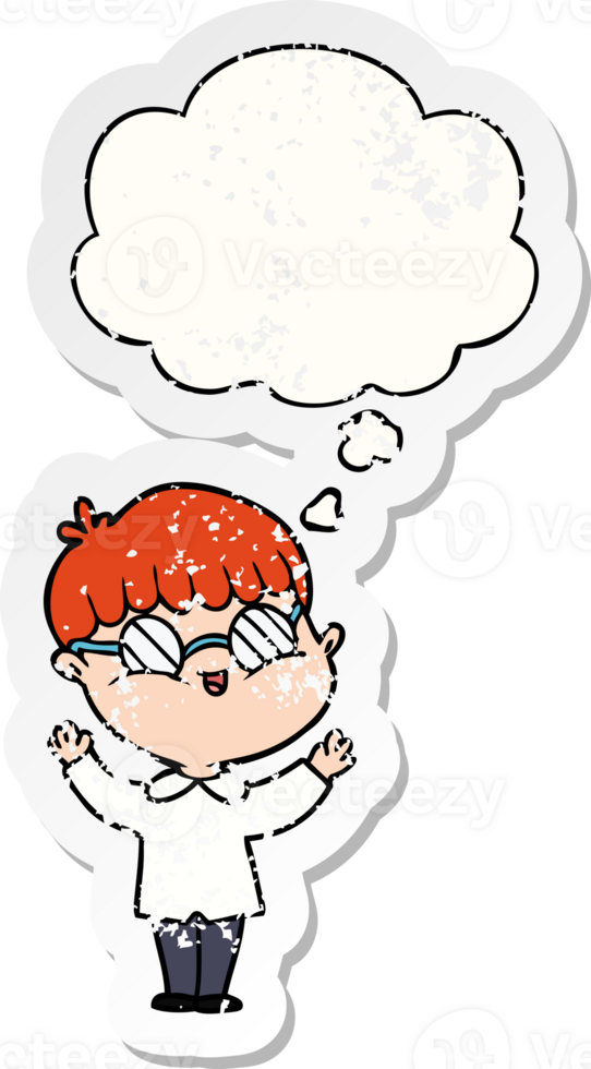 cartoon boy wearing spectacles with thought bubble as a distressed worn sticker png