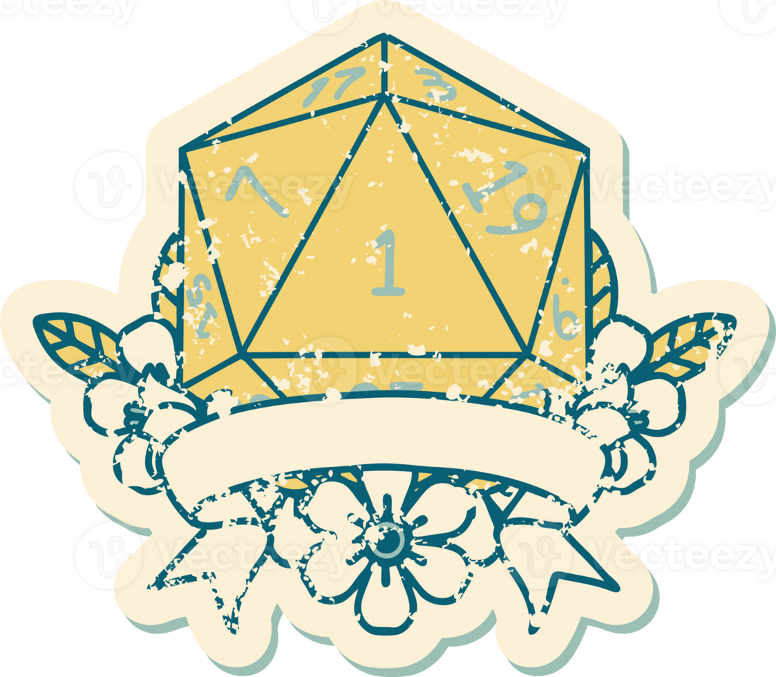Retro Tattoo Style natural one d20 dice roll png