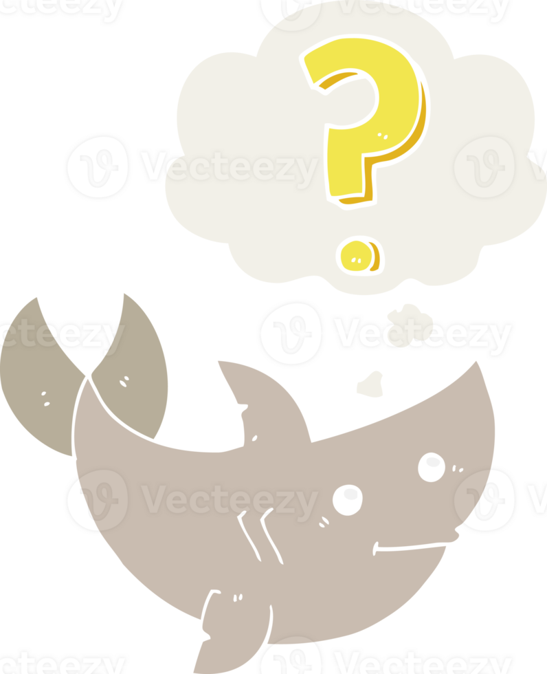 cartoon shark asking question with thought bubble in retro style png