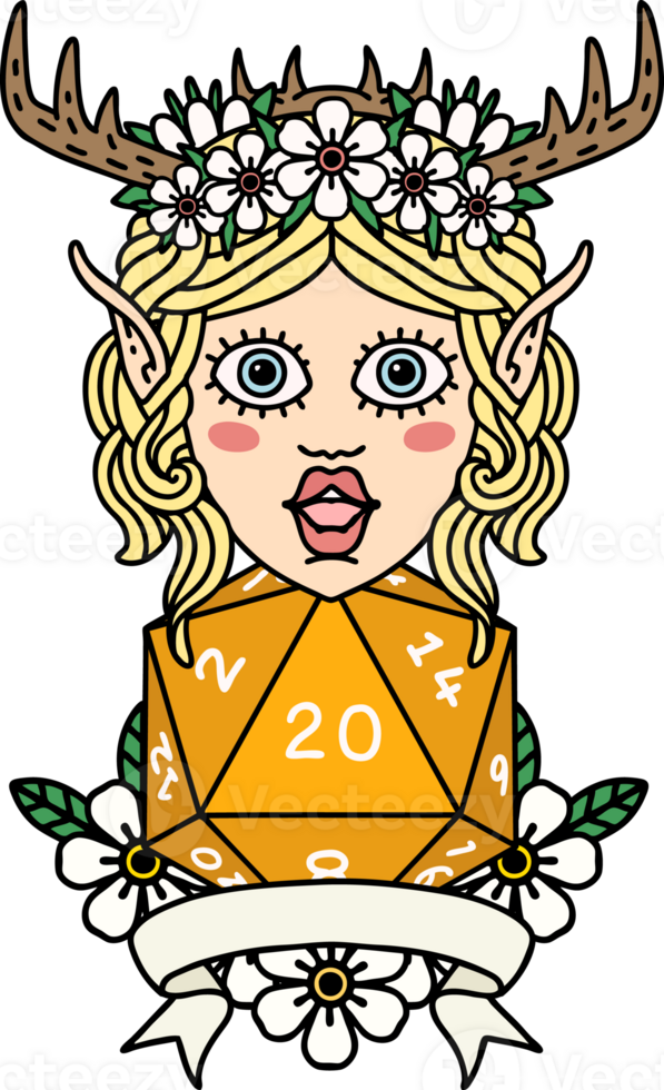 Retro Tattoo Style elf druid character with natural 20 dice roll png