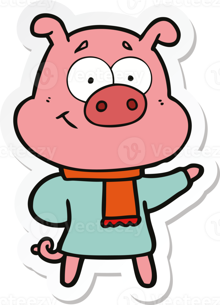 sticker of a happy cartoon pig wearing warm clothes png