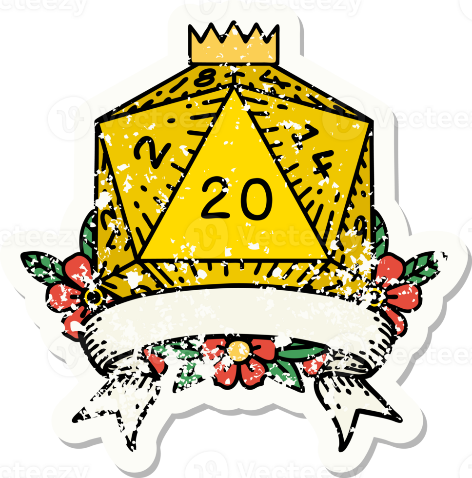 grunge sticker of a natural 20 critical hit D20 dice roll png
