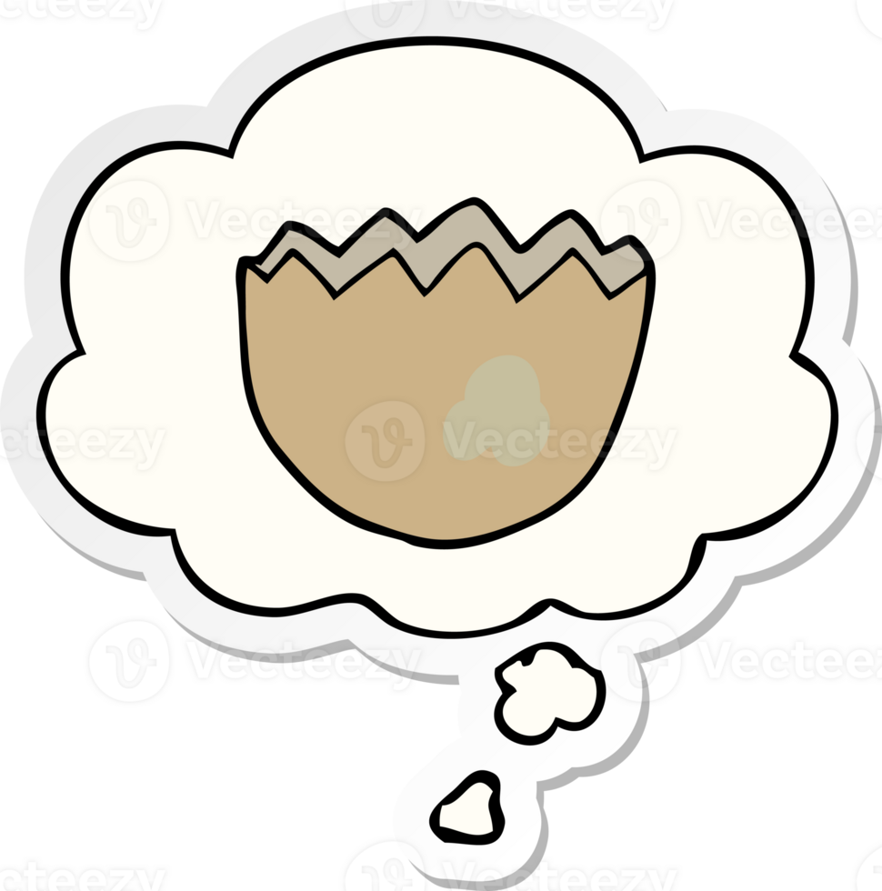 cartoon cracked eggshell with thought bubble as a printed sticker png