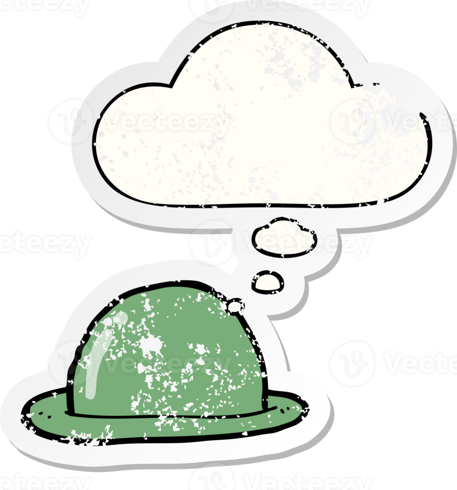 cartoon bowler hat with thought bubble as a distressed worn sticker png