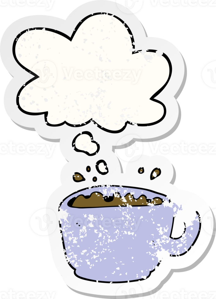 cartoon coffee cup with thought bubble as a distressed worn sticker png