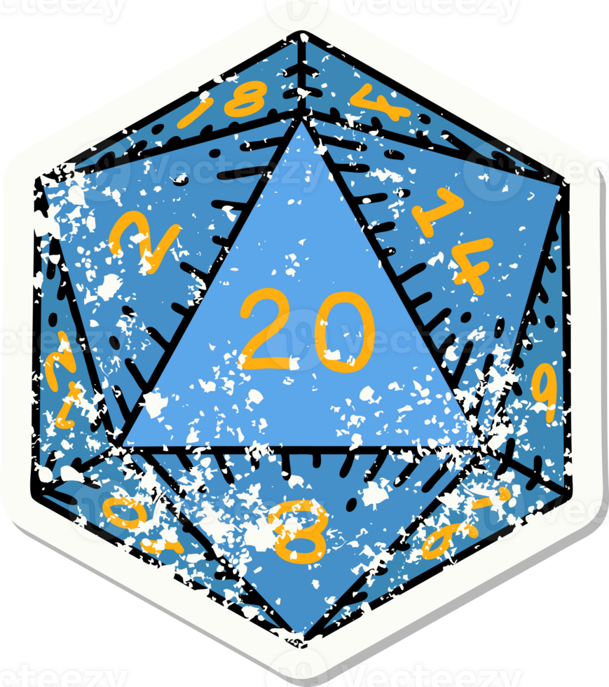 grunge sticker of a natural 20 D20 dice roll png