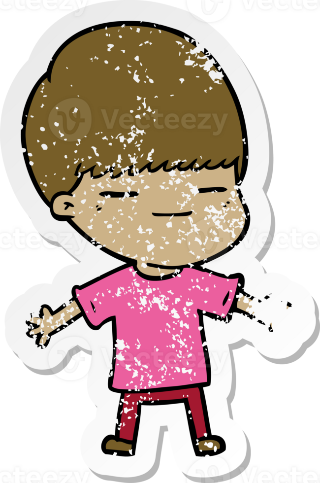 distressed sticker of a cartoon smug boy png