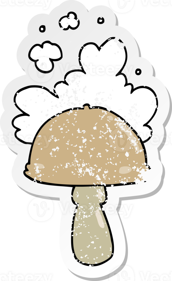 distressed sticker of a cartoon mushroom with spore cloud png