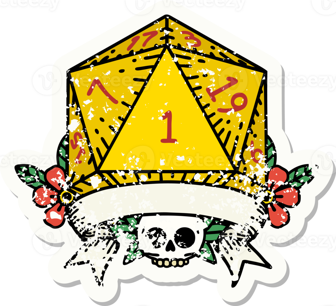 grunge sticker of a natural one d20 dice roll png