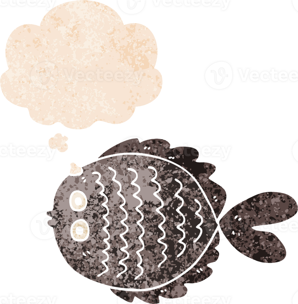 cartoon flat fish with thought bubble in grunge distressed retro textured style png