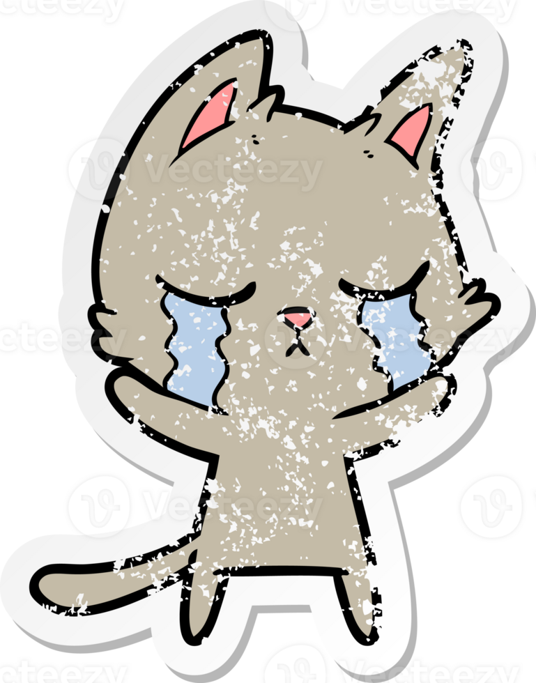 distressed sticker of a crying cartoon cat png