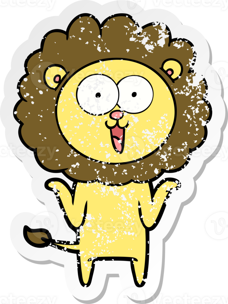 distressed sticker of a happy cartoon lion png