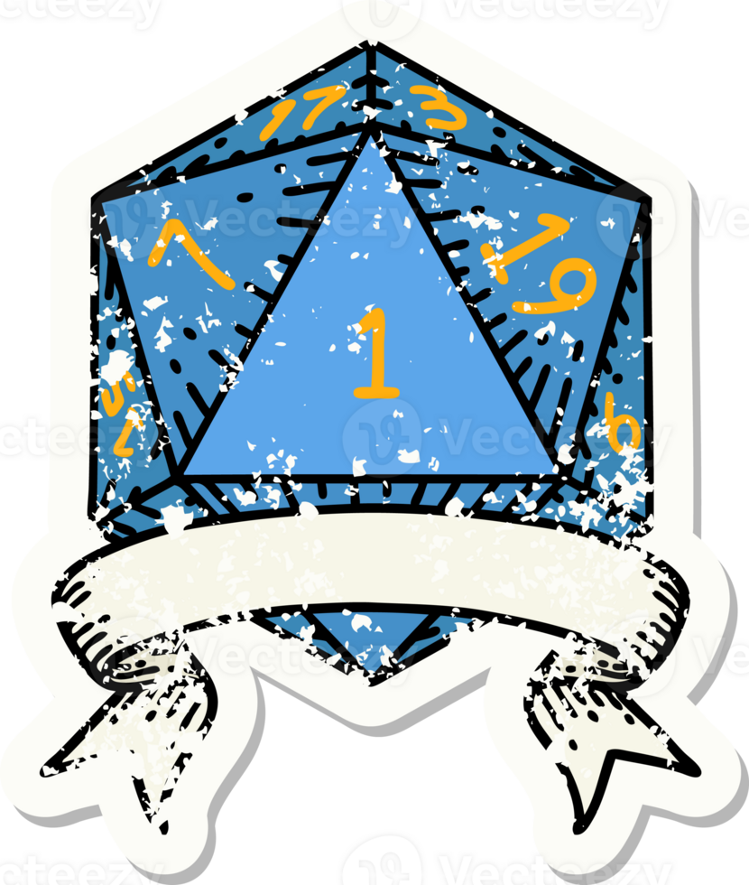 grunge sticker of a natural one d20 dice roll png