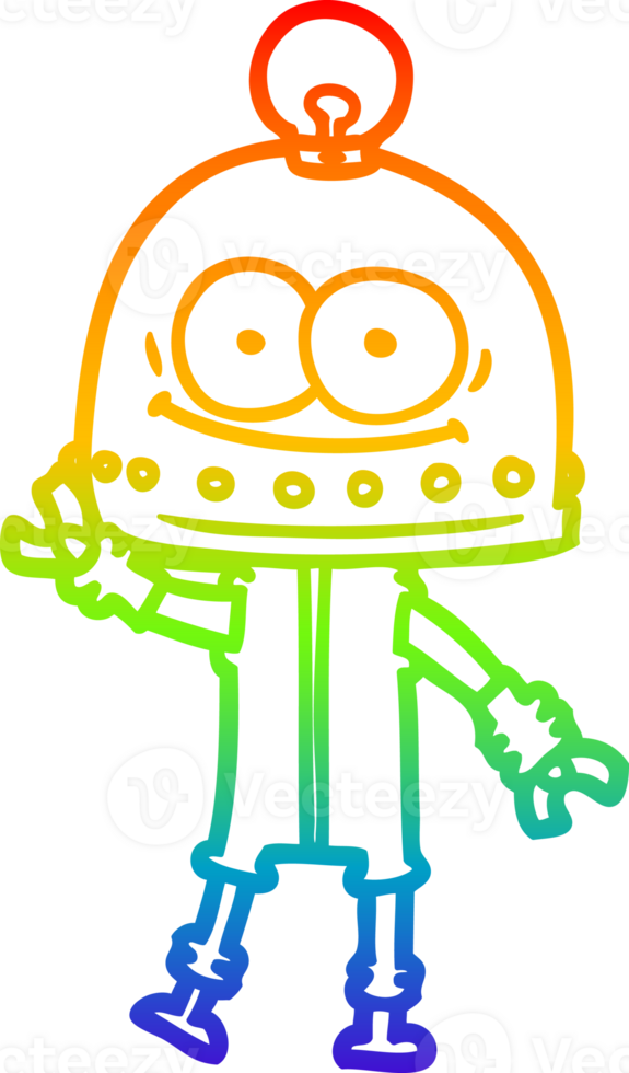 rainbow gradient line drawing of a happy carton robot with light bulb png