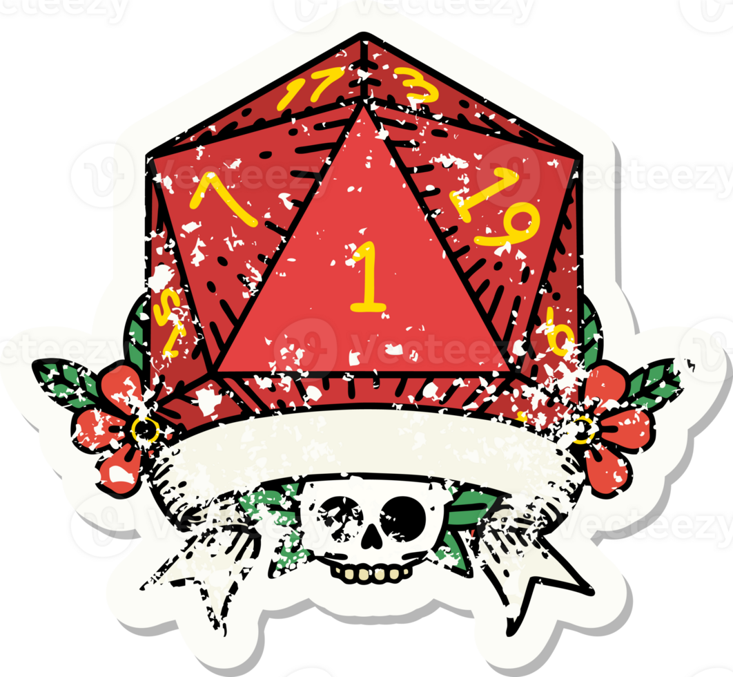 grunge sticker of a natural one d20 dice roll png