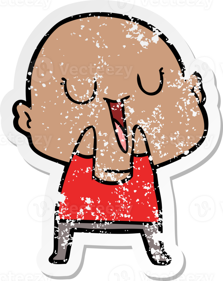 distressed sticker of a happy cartoon bald man png