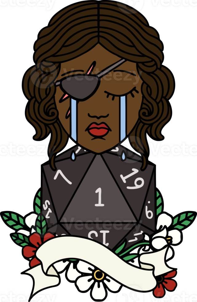 Retro Tattoo Style crying human rogue with natural one D20 roll png