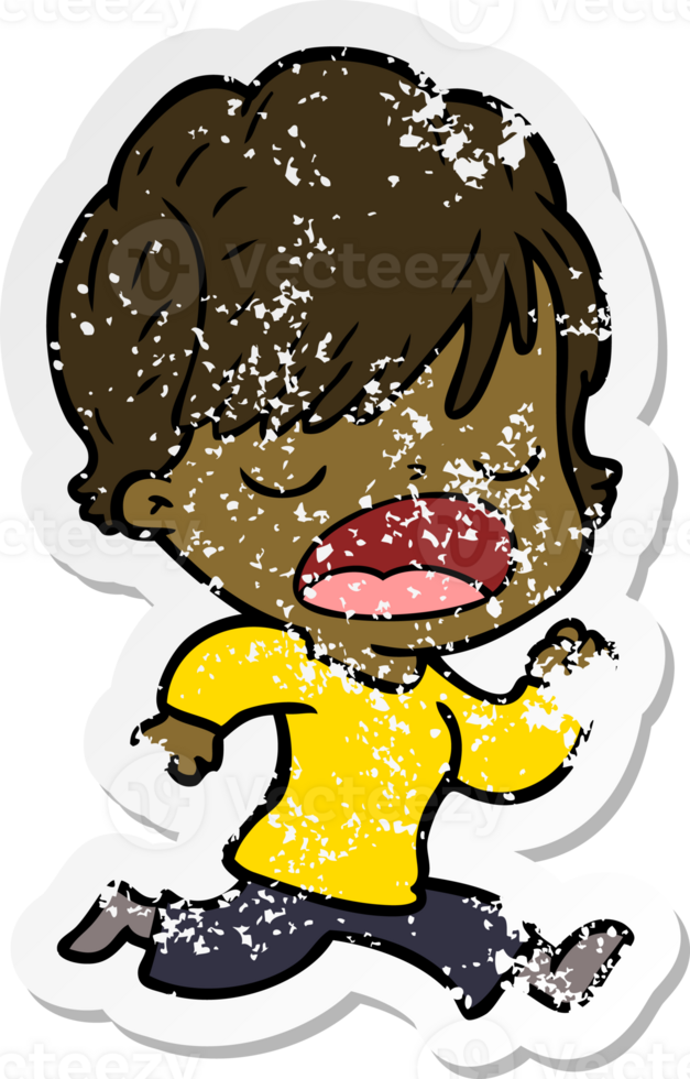 distressed sticker of a cartoon woman talking png