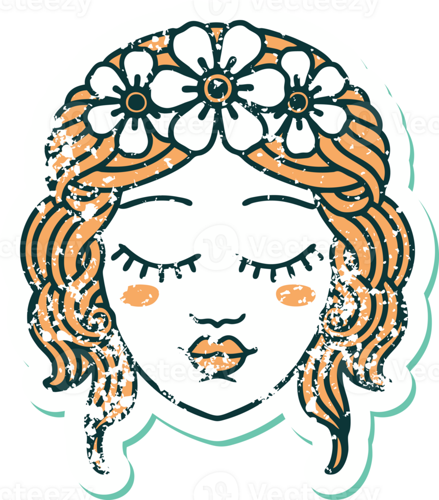 distressed sticker tattoo style icon of female face with eyes closed png