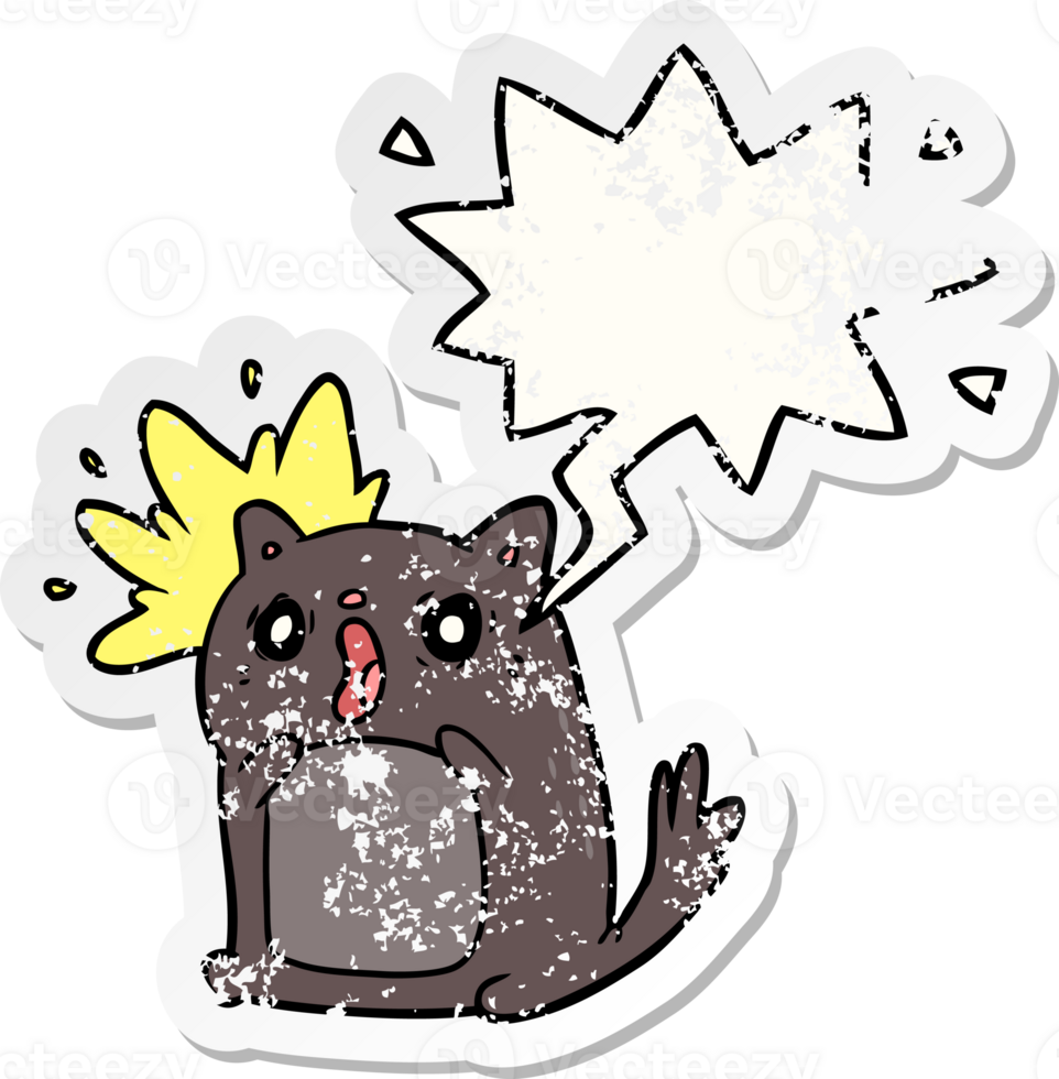 cartoon shocked cat amazed and speech bubble distressed sticker png