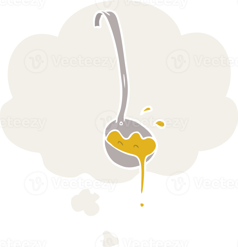 cartoon ladle of soup and thought bubble in retro style png