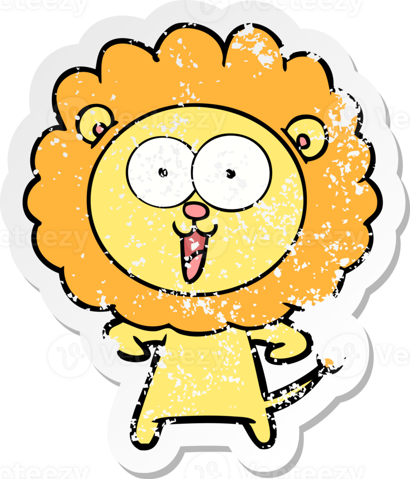 distressed sticker of a happy cartoon lion png