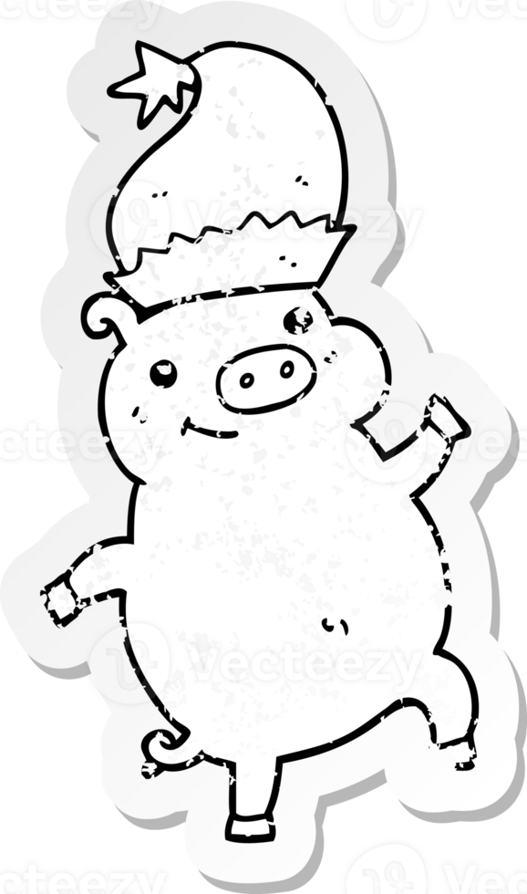 distressed sticker of a cartoon happy christmas pig png