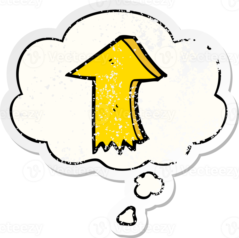 cartoon pointing arrow and thought bubble as a distressed worn sticker png