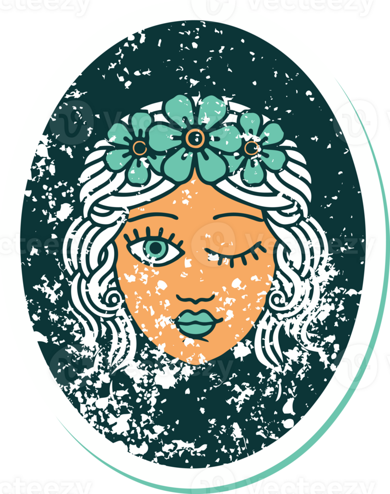 distressed sticker tattoo style icon of a maiden with crown of flowers winking png