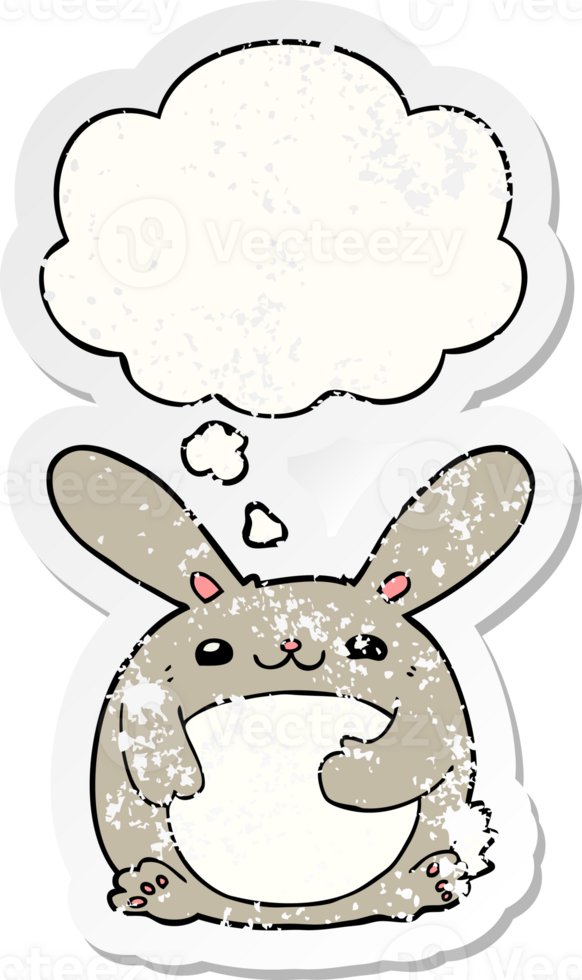 cartoon rabbit and thought bubble as a distressed worn sticker png