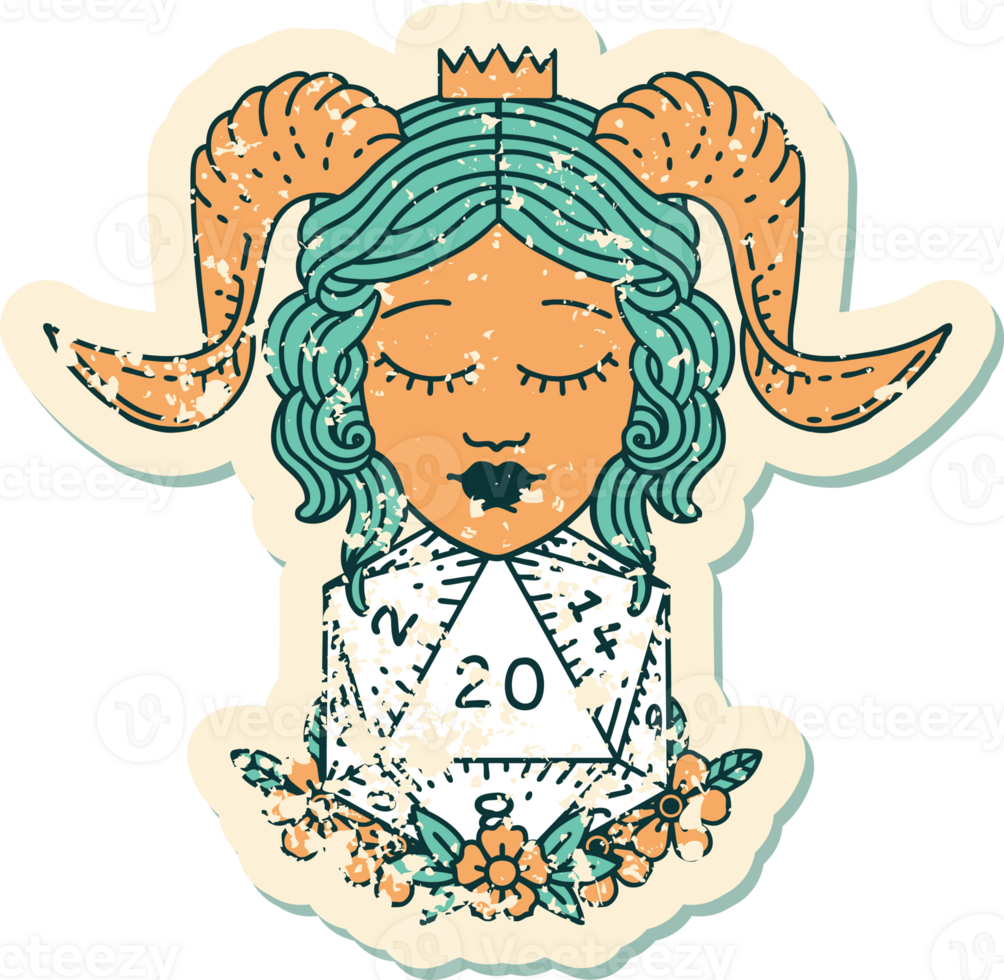 tiefling with natural twenty d20 dice roll grunge sticker png