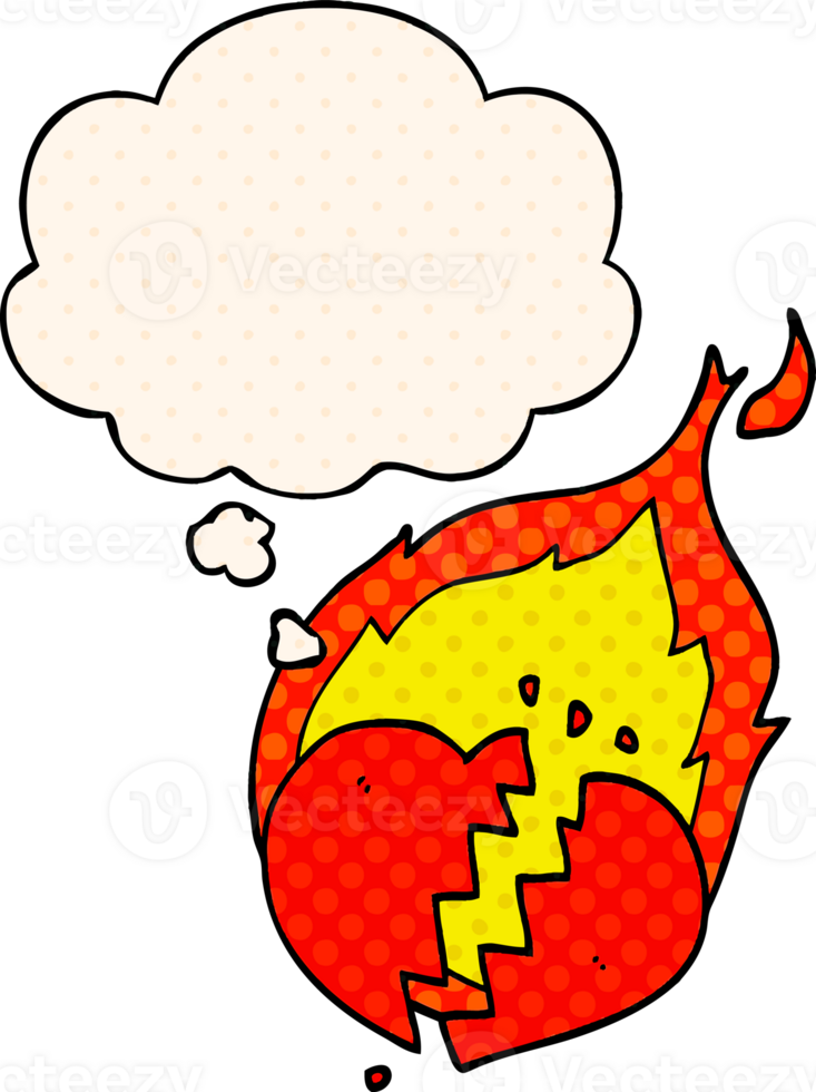 cartoon flaming heart and thought bubble in comic book style png