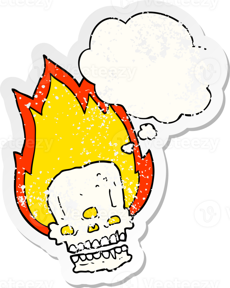spooky cartoon flaming skull and thought bubble as a distressed worn sticker png
