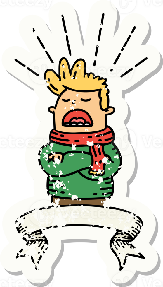 grunge sticker of tattoo style man wearing scarf png