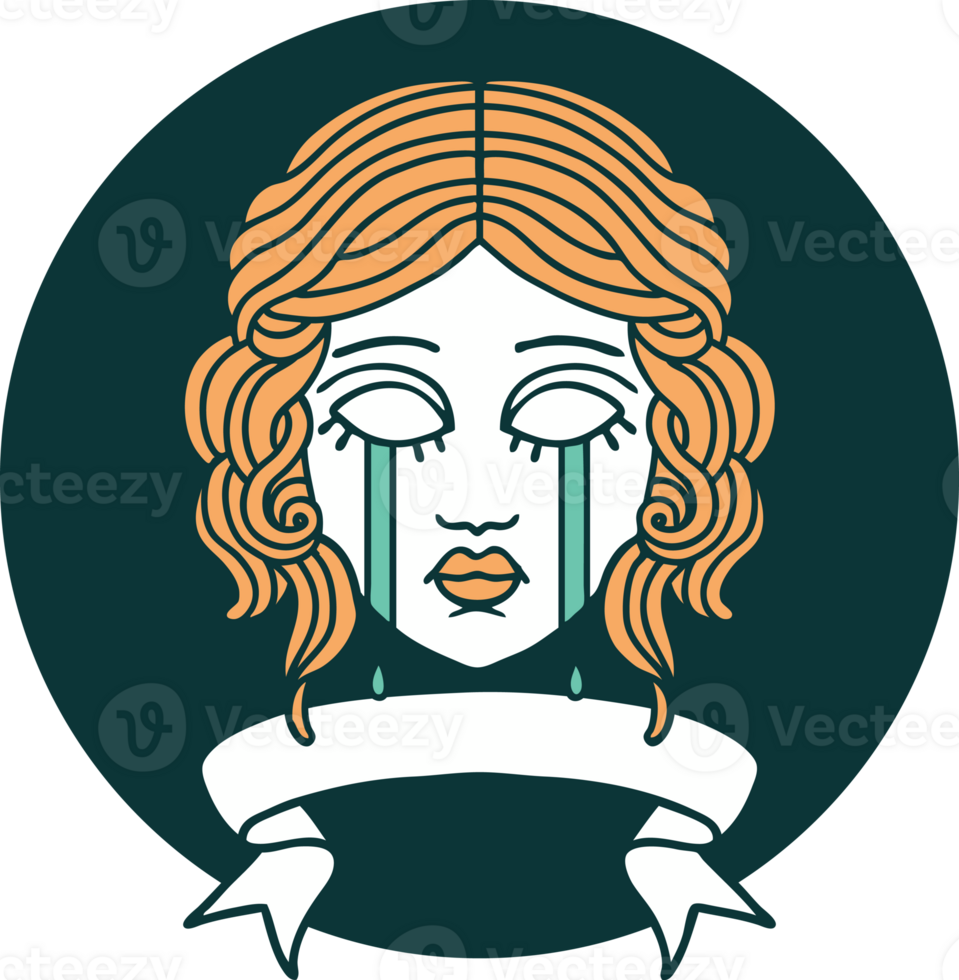 icon with banner of female face crying png