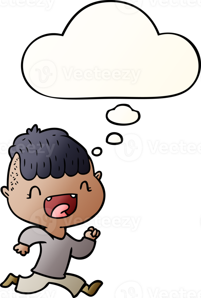 cartoon happy boy laughing and running away and thought bubble in smooth gradient style png