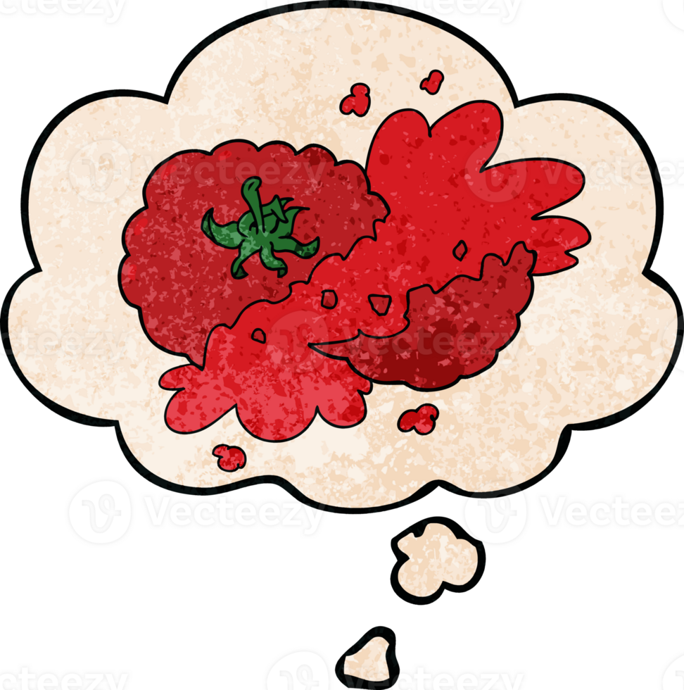 cartoon squashed tomato and thought bubble in grunge texture pattern style png