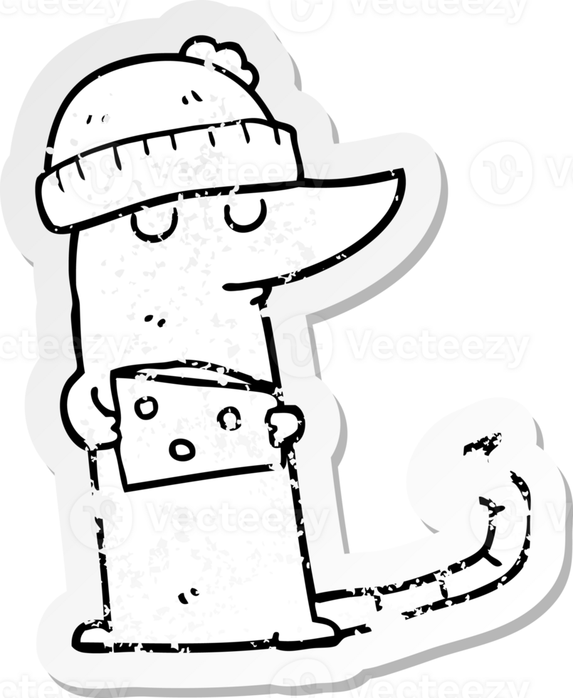 distressed sticker of a cartoon mouse thief with cheese png