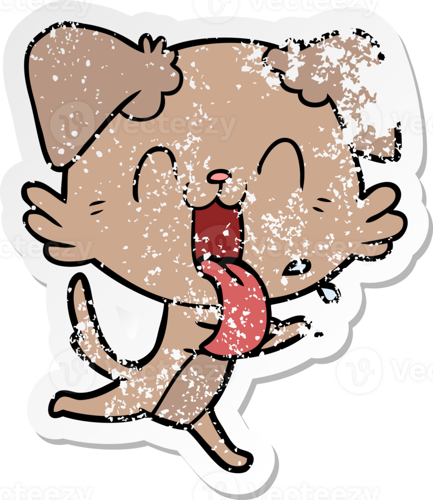 distressed sticker of a cartoon panting dog running png