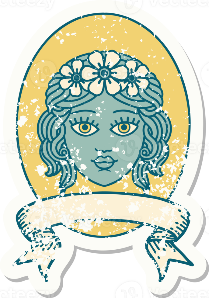 grunge sticker with banner of a maiden with crown of flowers png