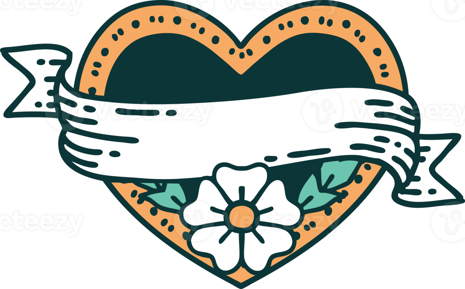 tattoo style icon of a heart and banner with flowers png