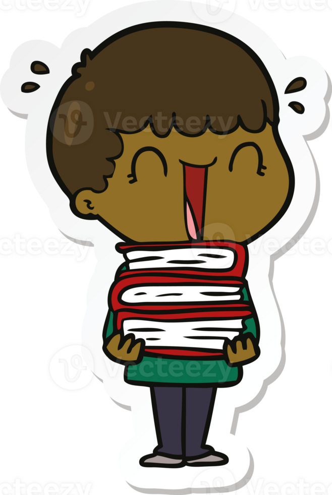 sticker of a laughing cartoon man holding stack of books png