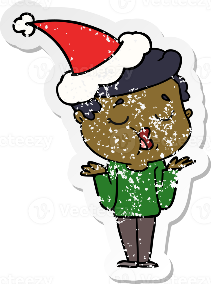 distressed sticker cartoon of a man talking and shrugging shoulders wearing santa hat png