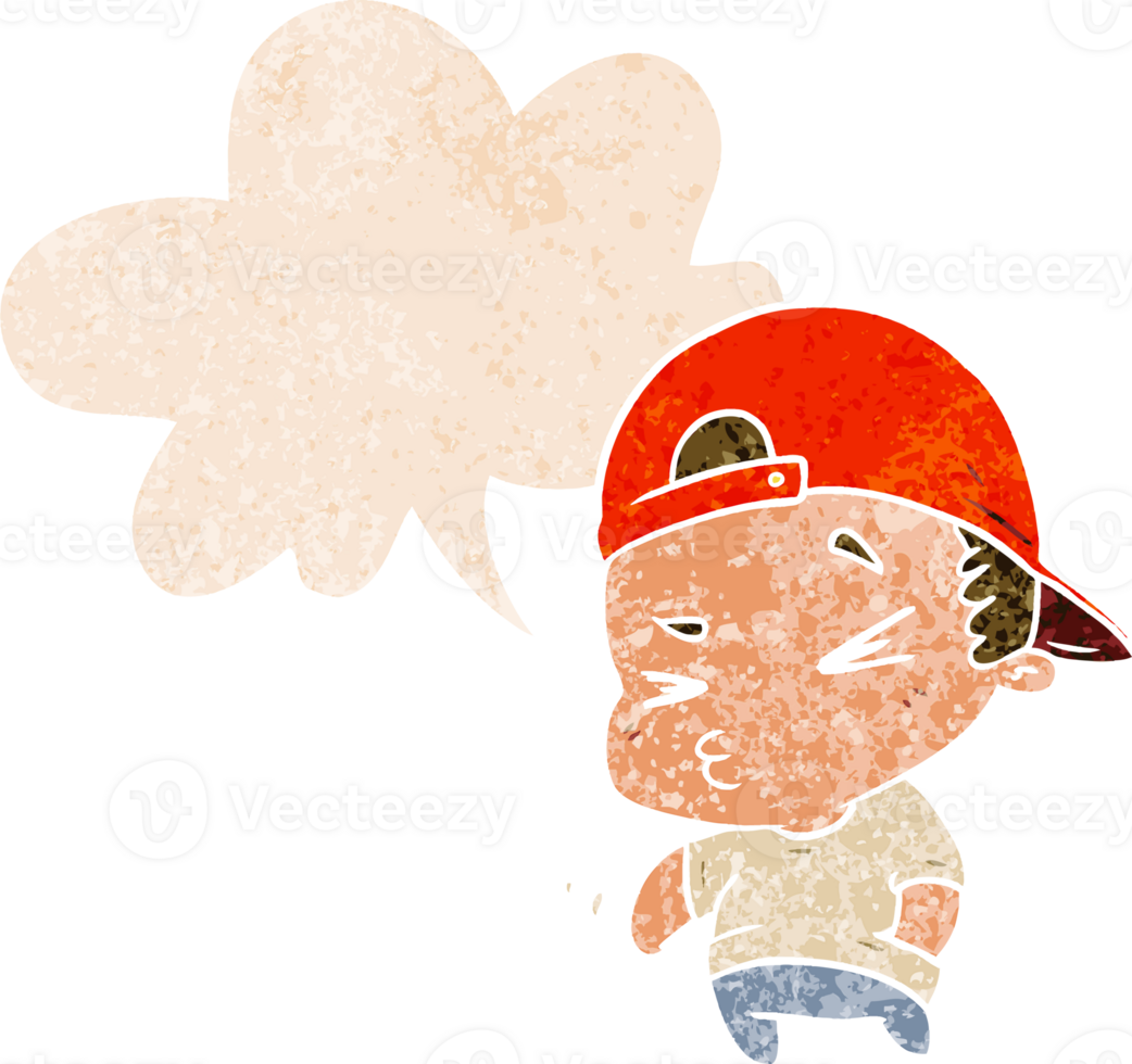cartoon cool kid and speech bubble in retro textured style png